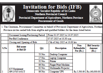 Invitation for Bids (IFB)Democratic Socialist Republic of Sri Lanka Northern Provincial Council Provincial Department of Agriculture, Northern Province Procurement of Goods